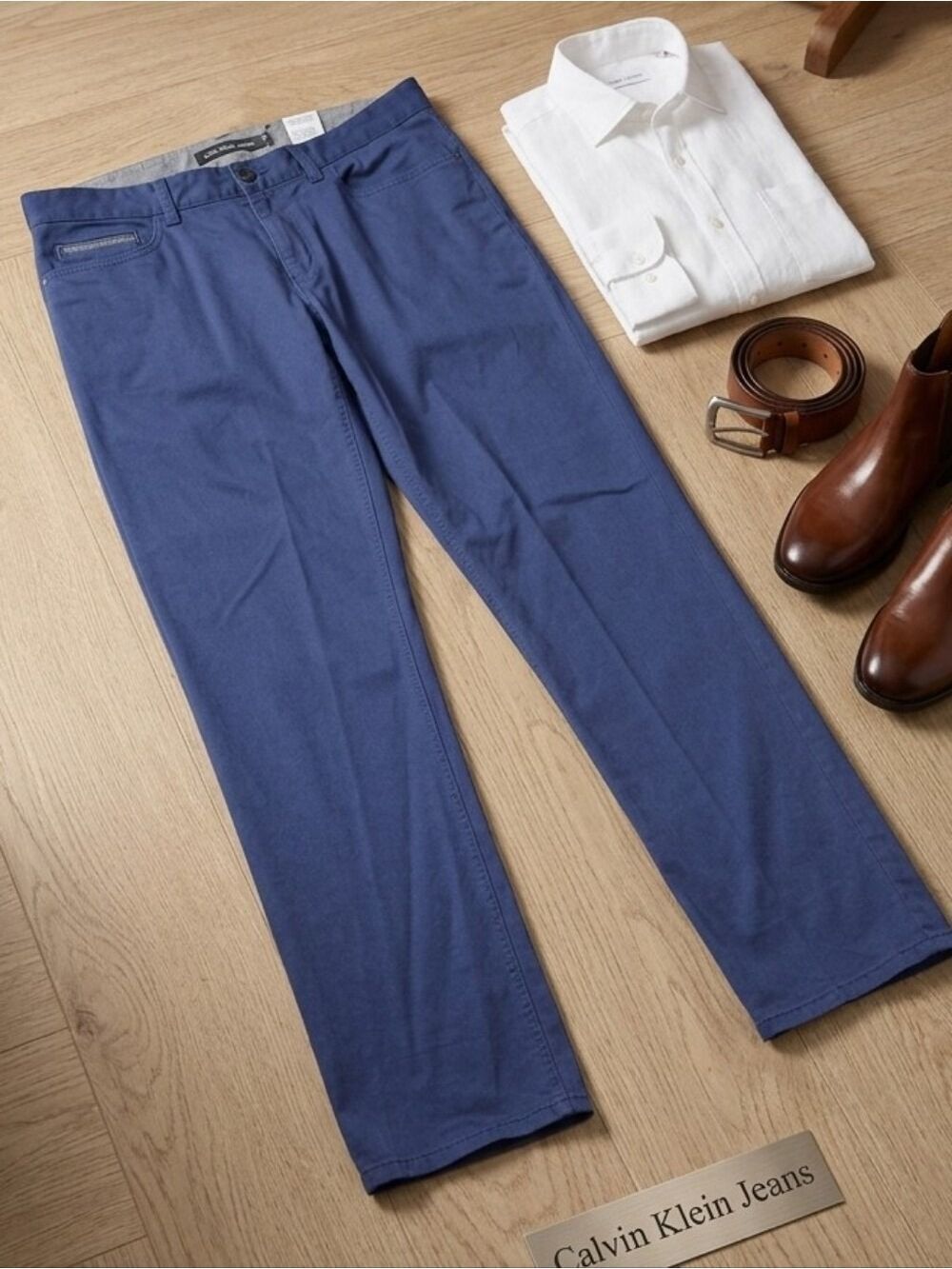 Calvin Klein Jeans Blue Cotton Blend Straight Leg Chinos